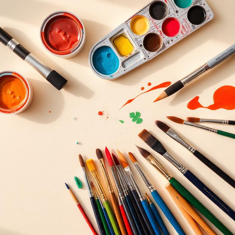 Colourful paint pots and brushes